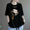 Auspicious Golden Flower Algodão Camiseta de manga curta estampada feminina verão feminino solto 200 Jin estilo chinês antigo comprimento médio Top