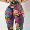 Novas Calças de Corda com Laço Estampadas Digitais de Alta Elasticidade Absorventes de Suor para Fitness, Calças Apertadas de Cintura Alta Slim para Yoga Feminino