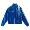 Nueva chaqueta estilo callejero americano, sudadera casual con cremallera para hombres y mujeres, con bordado de letras y patchwork de rayas, ofreciendo una sensación de alta gama