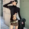 Camiseta de Manga Larga Estilo Americano Picante para Mujer, Otoño, Hueca, Cuello Medio Alto, Camiseta Base Elegante y Sexy, Top Ajustado