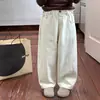 Calça Comprida Wide Leg Aimo Beibei para Crianças Calça Reta Versátil Calça Casual de Algodão Lavado Curvo Scimitar para Meninas