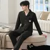 Pijama masculino de algodão imitação, conjunto de primavera e outono com manga longa e calça comprida, listrado verde com bordado de desenho animado, cardigã com gola de lapela, roupa de casa masculina
