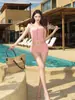 Traje de baño de estilo nuevo 2025 tipo boxer con abertura para mujer que cubre el abdomen y estiliza la figura Traje de baño para Resort de Playa y Aguas Termales [Envío Directo]