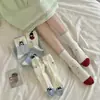 Novas Meias Cartoon Azuis e Brancas para Mulheres, Meias Finas de Meia-Perna para Primavera e Verão, Estilo Coreano e Japonês, Meias Baggy Fofas com Borda de Renda de Gatinho