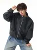 Jaqueta de Motociclista de Couro PU com Gola Alta Desconstruída Americana Masculina Outono Nova Chegada Marca Tendência Design Elevado Streetwear Cool de Malandro Jaqueta de Couro Peça de Roupa Exterior
