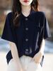 Diseño suelto cuello POLO cárdigan de manga corta top refinado lana similar camisa de manga corta para mujer verano nuevo temperamento de solapa