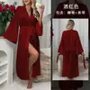 Túnica de satén de color liso para comercio exterior OZON con mangas anchas, cuello en V, cinturón para atar en la cintura, estilo largo, bata de casa nupcial para mujer 211