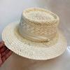 Sombrero de Paja Lafite Británico Retro de Verano para Viaje Vacacional Protector Solar Sombrilla Sombrero de Ala Ancha de Copa Plana Estilo Francés para Mujer Trendy