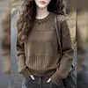 Tricô Gola Redonda Manga Longa Estilo Coreano para Mulheres 2026 Novo Design de Outono Cardigan Vazado Top de Tricô Fino