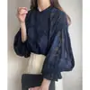 Nueva moda de otoño comercio exterior ropa de mujer blusa de encaje con mangas abullonadas florales top de gasa camisa de manga larga reversible