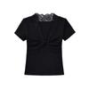 Top Sexy Estilizado Francés Ajustado para Mujer Verano 2025 Nuevo Encaje Cuello en V Kink Camiseta de Manga Corta