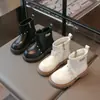 Botines de Moda para Niños 2026 Otoño/Invierno Estilo Nuevo Más Terciopelo Botas Martin para Niños Medianos-Grandes Niñas Negro/Blanco Brillantes Pedrería Versátiles Botas de Cuero