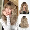 Peruca feminina estilo europeu e americano, castanha com reflexos cinza, cabelo ondulado cacheado estilo francês de comprimento médio com franja, peruca completa volumosa de fibra sintética 18 polegadas
