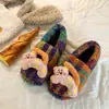 Sapatos de Algodão Pelúcia para Casa Estilo Coreano Xadrez Colorido com Solado Grosso para Mulheres, Sapatos de Pelo Quentes Antiderrapantes de Inverno com Cobertura de Salto, Sapatos Pós-Parto