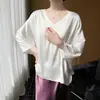 Top de Satén Suave y Fluido con Siete Mangas, Refrescante y Crujiente, de Cuello en V, Corte Básico Adelgazante, Estilo Perezoso Diario para Primavera-Verano