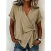 Amazon Transfronterizo 2026 Primavera/Verano Nuevo Casual Europeo y Americano Color Sólido Irregular Corte Holgado Cuello Camisero Corbata Manga Corta Camiseta
