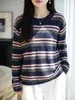 Elegante Suéter de Punto con Cuello Redondo, Rayas Contrastantes de Lentejuelas, Estilo para el Trayecto Diario, Ligeramente Brillante, Versátil Moda para Mujer Primavera/Otoño