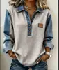 Nueva Camisa de Punto con Solapa de Manga Larga Estilo Europeo y Americano para Mujer 2025, Camisa Casual Versátil para Otoño e Invierno con Parches de Mezclilla