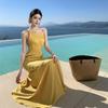 Vestido Ambiance Strap Amarelo Cetim Costas Nuas Retro Francês Vestido para Foto de Férias no Deserto ou na Costa Marítima