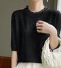 Hermosa ~ Camiseta de punto de manga corta con cuello redondo de oreja de madera, holgada, estilo Chanel, elegante, estilo occidental, top de encaje de media manga para mujer