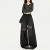 Jeans de pierna ancha con retazos de cuadros negros para mujer, estilo fino de verano, cintura alta americana, corte holgado, pantalones rectos de longitud hasta el suelo con rotos artificiales