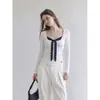 LiLv Top de camiseta de mujer estilo Miu, patchwork falso de dos piezas estilo francés, cuello cuadrado, manga corta, bordado de lunares para otoño