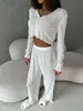 Moda Casual Simple Cómoda Transparente Botones Manga Larga Pantalones Largos Ropa de Casa Conjunto de Dos Piezas Nuevo Primavera Verano 2025