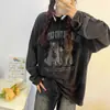 Diseño de Primavera y Otoño Retro Bf Estampado de Gato de Dibujos Animados Camiseta de Manga Larga Nueva Estilo Coreano para Mujer Top Holgado y Versátil Tendencia