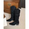 Retro Brown V-Mouth Heap Botas Médias Sapatos Femininos 2024 Primavera Outono e Inverno Botas Longas de Denim Ocidental Pontiagudo