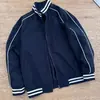Chaqueta a rayas azul marino transfronteriza de corte limpio para hombre, nueva tendencia de otoño estilo americano con cuello alto tipo béisbol