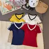 5219 # Camiseta de Manga Corta con Bloques de Color y Cuello en V Estilo Dulce Nuevo de Verano con Corte Ajustado y Almohadillas Fijas en el Pecho