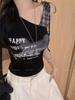 Verano Nuevo Chica Caliente Hombro Inclinado Cuadros Costuras Letra Estampada Camisola Mujer Ajustado Interior con Almohadilla de Pecho