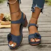 Sandálias de Salto Alto com Salto Bloco, Tamanho Grande, Em Estoque, com Decoração Floral, Estilo Europeu e Americano Elegante, Bico Redondo, Feminino