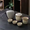 Juego de Té para Viaje Azul y Blanco Horno Ru Estilo Camping al Aire Libre Sencillo Preparación de Té Portátil Cerámica Olla Rápida Tres Tazas