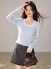 Blusa feminina estilo coreano, falsa duas peças, com recortes vazados, ombro a ombro, manga longa, para outono, modelagem justa, blusa interna