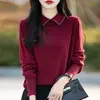 Suéter de punto de canalé de calibre alto con solapa de lana, tejido fino para primavera/verano, elegante lana Merino con calados de microdiamantes
