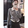 Cárdigan de Punto Gris Falso Dos Piezas con Solapa Otoño/Invierno 2026 Estilo Coreano Ropa para Mujer Chaqueta Pequeña Única Hermosa