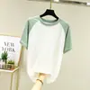 Nueva camiseta de manga corta de seda helada con drapeado de verano para mujer, estilo coreano, holgada, adelgazante, color de contraste, raglán, prenda exterior, top base fresco