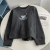 Moletom Redondo Bordado de Gatinho Desenho Animado, Estilo Coreano, Caimento Solto, Emagrecimento, Pulôver Macio e Quente, Espessado, Top Camada Interna Quente, Novo Modelo