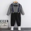 Conjunto Formal de Terno para Meninos, Primavera e Outono, Manga Longa com Suspensórios, Terno Infantil Estiloso, Traje de Cavalheiro Britânico para Meninos