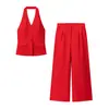 Conjunto de Colete Vermelho com Gola Halter e Calça Wide Leg para Mulheres, Conjunto de Duas Peças com Colete Sem Mangas de Gola V de Um Botão e Calça Longa Fluida de Cintura Alta