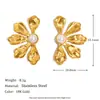 Brincos Quadrados de Aço Inoxidável Banhados a Ouro 18K com Padrão de Flor e Pérola, Jade Negro, Venda Quente Transfronteiriça Europeia e Americana, Nicho Médio Antigo, para Mulheres