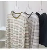 Camiseta de Manga Larga de Lyocell Tencel Fresca y Sedosa para Mujer, Delgada, Holgada, Cuello Redondo, Protección Solar, Tejido de Punto Rayado, Verano