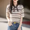 Camiseta Casual Feminina de Tricô Listrado em Linho Estilo Francês, Manga Curta, Gola Redonda, Verão, Fina, Versátil, Slim Fit, com Toque Fresco