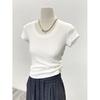 Top de Verano para Mujer con Cuello en U, Elástico Acanalado, Ajustado, de Manga Corta, con Hombro Derecho Descubierto, Fino, Ropa de Trabajo, Elegante, Estilo Coreano, Camiseta Blanca