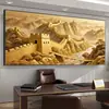 Pintura de parede de fundo para sofá com a Grande Muralha e paisagem de montanha, arte de parede para o escritório, pintura dourada para a sala de estar, vista para a montanha para acúmulo de riqueza