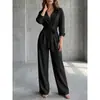 Mono de moda casual de pierna ancha suelta, estilo europeo y americano, nuevo para 2026, mono de una pieza de color liso con cuello en V y manga larga para mujer