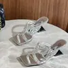Sandalias transparentes de punta abierta para mujer, calzado de verano para exteriores, punta cuadrada, tacón grueso, zapatos de tacón alto, nuevo modelo 2025, sandalias de meter con pedrería, sandalias de tacón medio