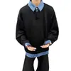 Moletom de gola listrada outonal com retalhos, marca masculina moderna, design falso de duas peças, blusa de manga comprida casual e versátil