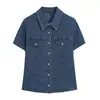 Camisa jeans retrô de manga curta com bolso para mulheres, novidade do outono de 2026, casual, corte solto, modeladora, de abotoamento simples, top versátil
